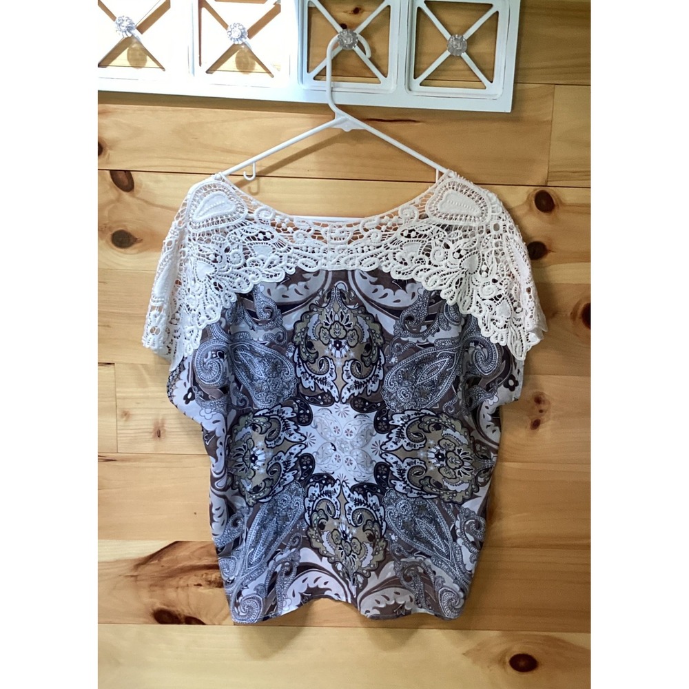 One World Paisley Chiffon Blouse Crochet Lace Shoulder Boho Top Brown Cream PM - Picture 2 of 10
